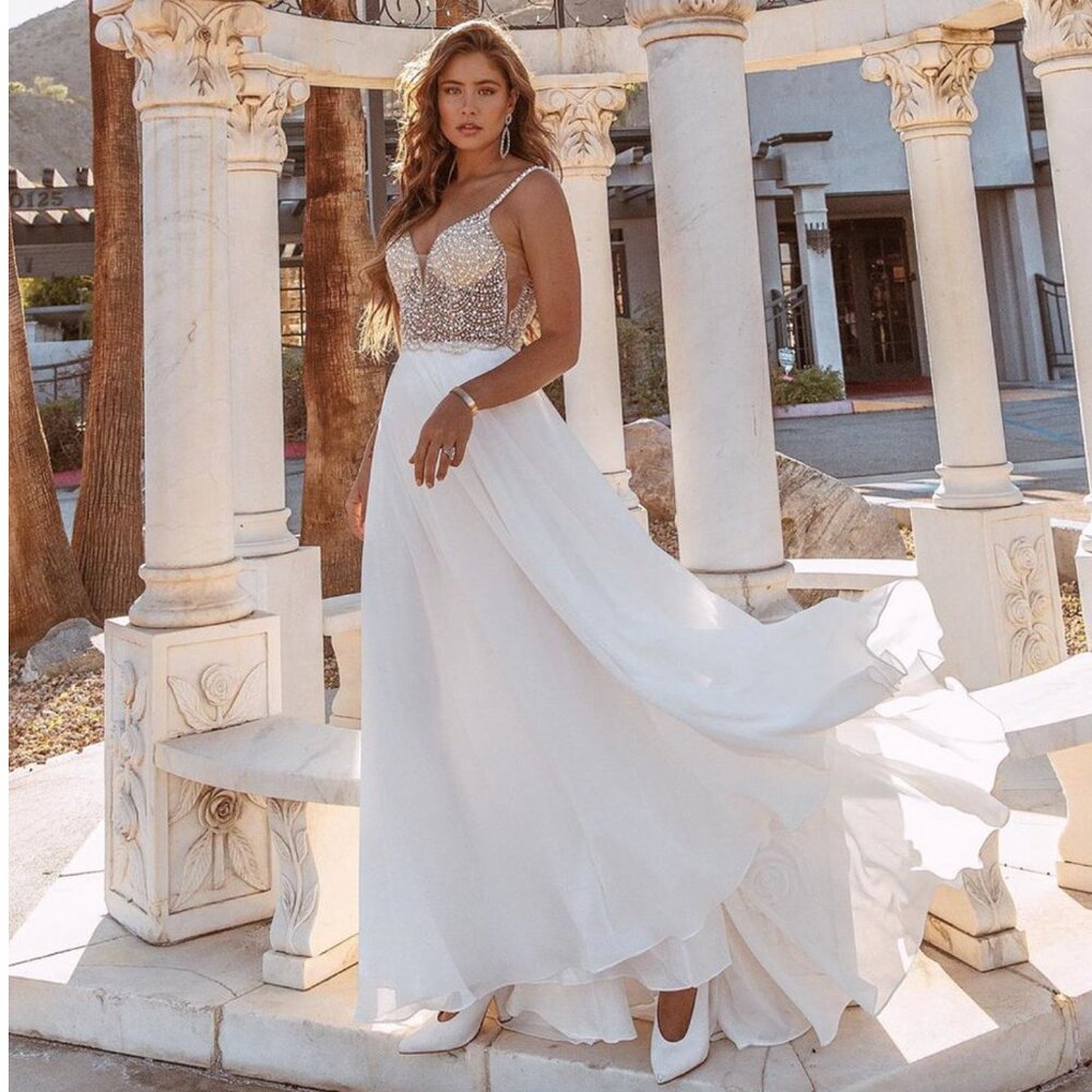 Lulu's White Chiffon Wedding Dress with Beaded Bodice